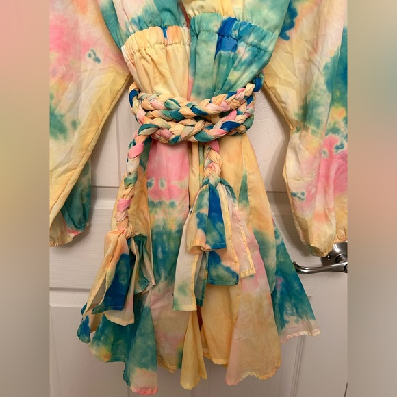 NWT PuteriaXO Plus Size Plunge Tie Dye Mini Dress with Braided Rope Belt - Picture 8 of 13